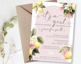 Uitnodiging babyshower citroenen en bloemen – aanpasbaar ontwerp (digitale download)