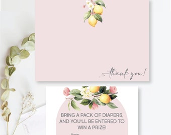 Bloemen en citroenen babyshower bedankje en luierloterij (pdf)