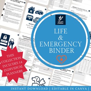 May include: A Life & Emergency Binder planner set featuring 200 pages and 14 individual planners. The design includes dark blue text and icons on white paper, with a central blue circle logo, a red starburst label, and a blue banner at the bottom.