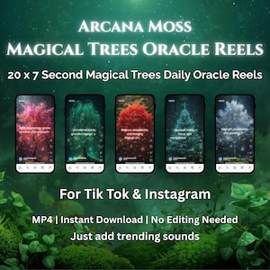 May include: Promotional image for "Arcana Moss Magical Trees Oracle Reels" for TikTok and Instagram. Five smartphones are displayed, each showing a different tree with vibrant foliage. Text includes "20 x 7 Second Magical Trees Daily Oracle Reels."