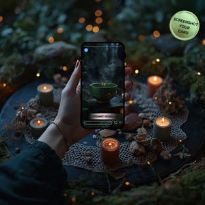 Puede incluir: Un smartphone muestra un cuenco verde con vapor, etiquetado como "Verdant Vessel". La escena está rodeada de velas encendidas, musgo y luces de hadas. Una pegatina dorada dice "Screenshot Your Card."
