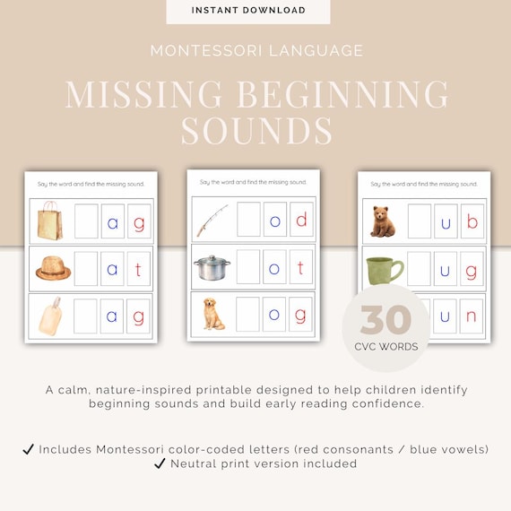 Missing Beginning Sounds – CVC Words | Montessori Phonics Printable | Early Reading Activity