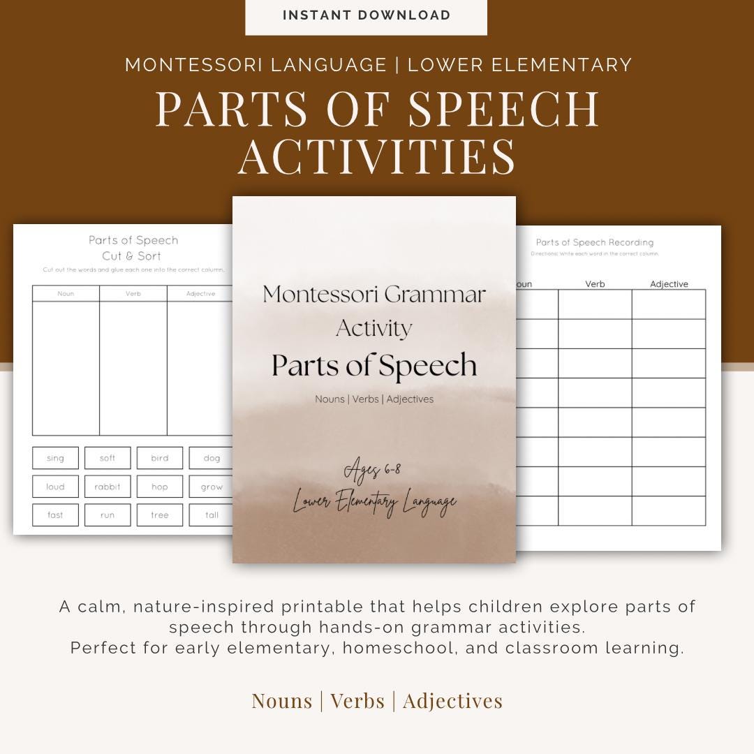 Montessori Parts of Speech Activities | Noun Verb Adjective Sorting ...