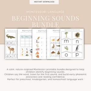 以下が含まれることがあります： 「BEGINNING SOUNDS BUNDLE」のテキストが入った、モンテッソーリ言語の印刷可能なバンドル。動物や物体のイラスト、文字合わせの活動が掲載されたページが含まれています。「INSTANT DOWNLOAD」の文字が上部にあります。