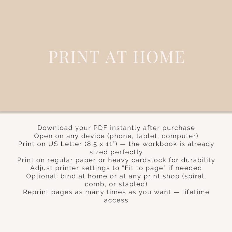 May include: A digital print advertisement with the text "PRINT AT HOME" in a light brown font. Below, instructions detail how to download, print, and reprint a PDF file on US Letter paper (8.5 x 11 inches).