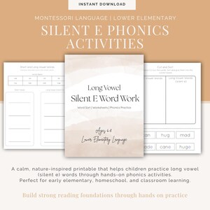 May include: Printable educational materials for early elementary language learning. The design features worksheets for silent 'e' phonics activities, including word sorts and practice exercises. The color scheme is neutral with text that reads "Silent E Phonics Activities".