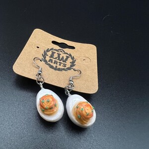 Polymer clay deviled egg earrings.
