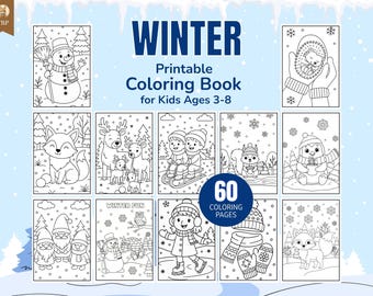 May include: A printable winter coloring book for children aged 3-8. The cover displays the word "WINTER" in blue. The book contains 60 coloring pages with winter scenes, including snowmen, animals, and children enjoying winter activities.