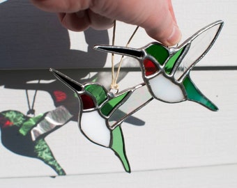 Handmade in Maine Original Stained Glass Ruby-Throated Hummingbird Suncatcher Ornament