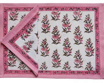 Printed Placemat and Napkin set: Safflower Pink - 8 pieces, 100% cotton