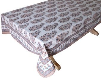 Hand Block Printed Tablecloth  - Sunpaisley White - 70" x 108"