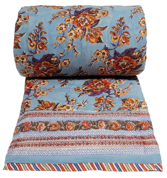 Cotton printed twin size quilt 70 x 108 Anokhi reversible pillow cover Poppy