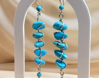 Turquoise Stone Earrings, Silver Wire Wrapped, Boho Jewelry, Hypoallergenic