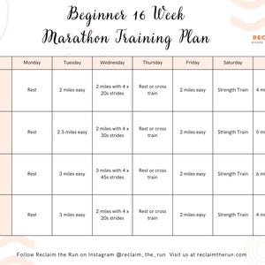 Könnte beinhalten: Ein 16-Wochen-Marathon-Trainingsplan für Anfänger. Der Plan listet wöchentliche und tägliche Aktivitäten wie Ruhe, lockere Läufe, Steigerungsläufe, Cross-Training und lange Läufe auf. Der Text "Reclaim the Run" ist ebenfalls enthalten.