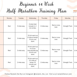 Op de afbeelding: Een 14 weken durend trainingsschema voor beginners voor een halve marathon. Het schema is georganiseerd in een tabel met dagelijkse trainingsinstructies, inclusief rustdagen, rustige runs en krachttraining. Het schema bevat de tekst "RECLAIM THE RUN".