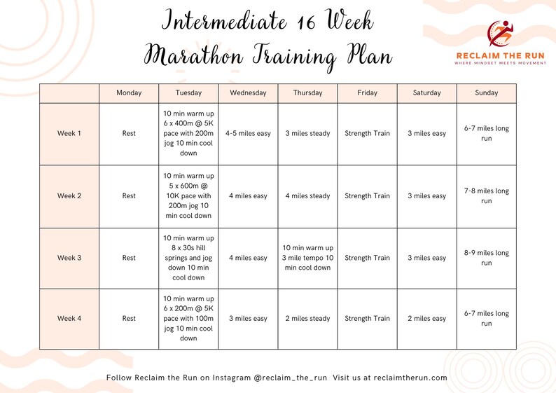 16 Week Intermediate Marathon Training Plan and Mindset Journal - Etsy