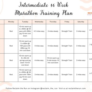 Puede incluir: Un plan de entrenamiento de maratón de 16 semanas sobre un fondo beige. El plan se divide en horarios semanales con distancias de carrera y tipos de entrenamientos. El texto incluye "Intermedio" y "Reclaim the Run" con un logotipo.