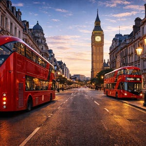 May include: A scenic view of a London street at dusk, featuring red double-decker buses and the iconic Big Ben clock tower. The street is lined with buildings and streetlights, creating a classic cityscape.