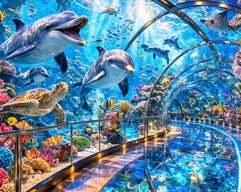 May include: An underwater tunnel with a glass floor and ceiling, showcasing a vibrant marine ecosystem. Dolphins, sea turtles, and various fish swim among colorful coral and plants. The scene is illuminated with bright, natural light.