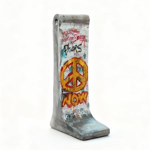 Puede incluir: Una escultura de hormigón de una sección del Muro de Berlín. El muro está pintado con grafitis, incluido un símbolo de la paz amarillo y la palabra "NOW". Otros textos incluyen "Pher's" y "DR".