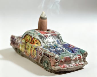 Quemador de incienso con efecto de humo de escape de Thunderbird de hormigón de 1955, regalo de arte callejero.