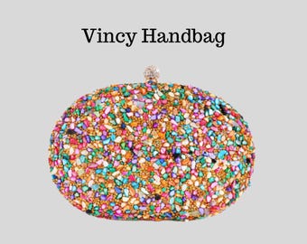 Bolso de mano de noche con forma de huevo y piedras de imitación multicolor