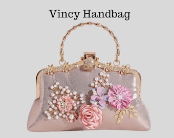 Bolso Clutch Satin Floral Perlas Marco Dorado Bolso Noche Elegante Boda