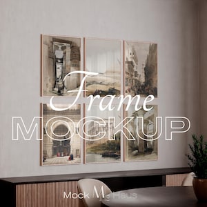 Puede incluir: Una maqueta de marco montada en la pared con seis impresiones artísticas enmarcadas con escenas arquitectónicas y paisajísticas. Los marcos tienen un acabado de madera clara. El texto "Frame Mockup" está superpuesto a la imagen en blanco. La parte inferior de la imagen tiene el texto "Mock Ms Haus".