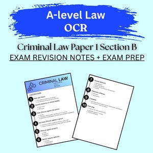 Könnte beinhalten: Ein digitales Dokument mit dem Titel A-level Law OCR Criminal Law Paper 1 Section B EXAM REVISION NOTES + EXAM PREP. Es zeigt zwei Seiten mit zehn nummerierten Themen, darunter Regeln, strafrechtliche Haftung, Straftaten und Verteidigung.