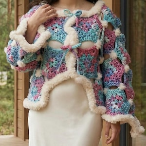 Motif au crochet : cardigan hexagonal duveteux | Mohair duveteux, tutoriel vidéo (modèle PDF), carré grand-mère