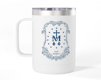 Ave Maria Travel Mug, Miraculous Medal Mug, Catholic Gift for Women, Mother's Day Gift, Religious Birthday Mug