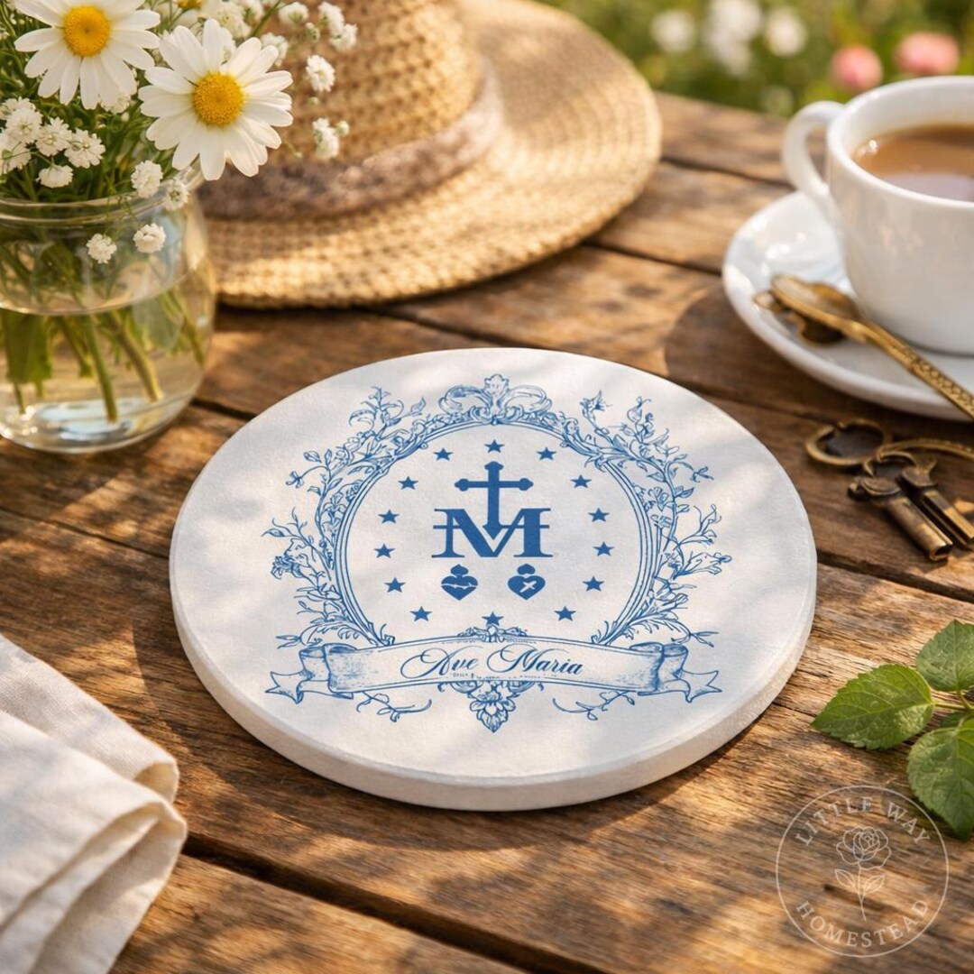 Miraculous Medal Ave Maria Ceramic Coaster, Ornate, Catholic Gift for ...