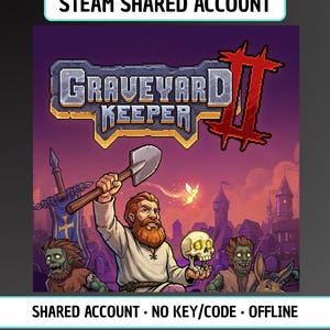 Puede incluir: Un gráfico digital para el juego Graveyard Keeper II que muestra a un personaje barbudo sosteniendo una pala y una calavera con signos de dólar en los ojos, flanqueado por dos zombis y un burro bajo un cielo morado con el texto STEAM SHARED ACCOUNT.