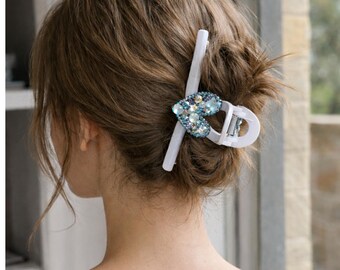 Blue Crystal Heart Hair Claw Clip, Y2K Rhinestone Accessory
