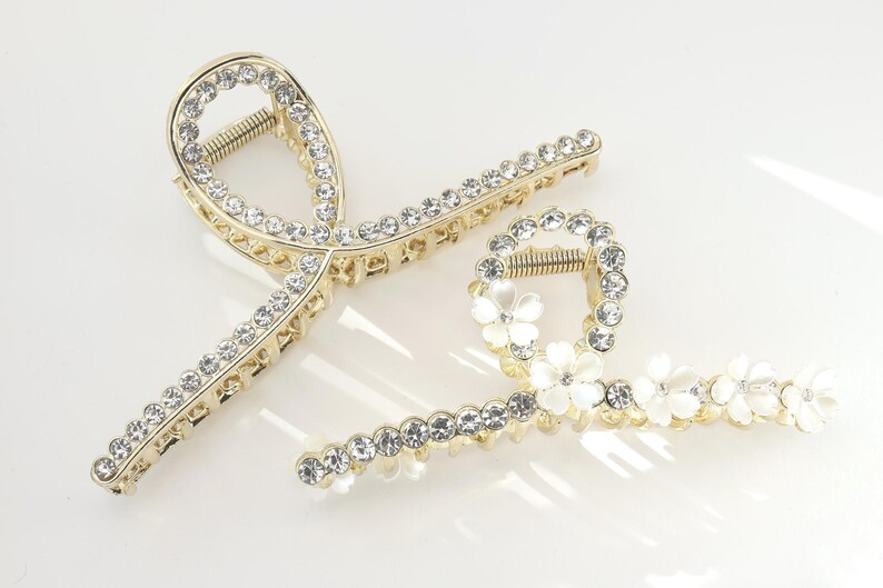 Crystal Flower Gold Hair Claw Clip, French Updo, Bridal image 4