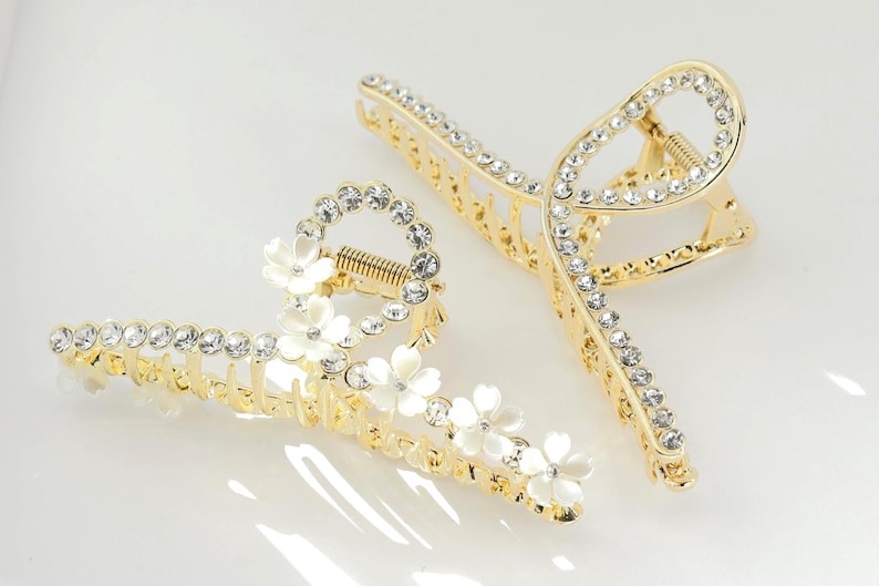 Crystal Flower Gold Hair Claw Clip, French Updo, Bridal Set of 2（save）