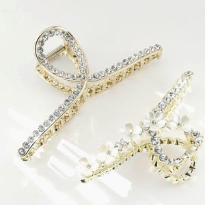 Crystal Flower Gold Hair Claw Clip, French Updo, Bridal image 9