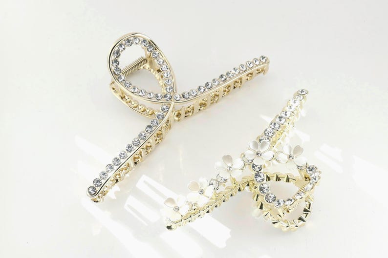Crystal Flower Gold Hair Claw Clip, French Updo, Bridal image 9