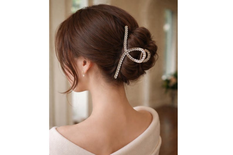 May include: A silver-toned hair claw clip with a decorative, openwork design. The clip is adorned with small, sparkling crystals and is used to secure a bun hairstyle. The hair accessory is a stylish addition to any updo.