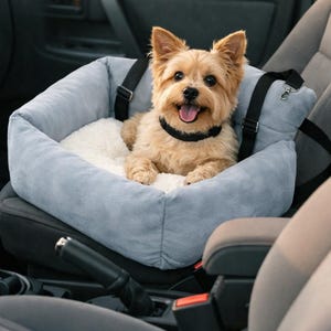 May include: A small, tan dog with a black collar sits in a light blue pet car seat. The seat has a soft, white interior and black straps for securing it in a vehicle. The dog is smiling with its tongue out.