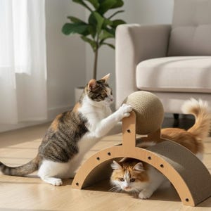 May include: A cat scratching post featuring a woven ball and a cardboard arch. Two cats are playing with the toy. One cat is reaching for the ball, while the other is inside the arch. The post is made of wood.