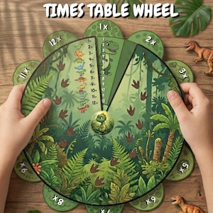 May include: A Times Table Wheel with a jungle theme, featuring a central rotating disc with numbers and multiplication facts. The wheel is surrounded by green, leaf-shaped sections with multiplication symbols. Toy dinosaurs and leaves are scattered around the wheel.