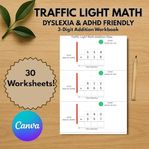 Puede incluir: Un cuaderno de trabajo titulado "Traffic Light Math" con problemas de suma de 3 dígitos, diseñado para personas con dislexia y TDAH. La imagen incluye un lápiz, hojas verdes y el logotipo de Canva. El cuaderno tiene 30 hojas de trabajo.