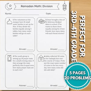 Może przedstawiać: Arkusz ćwiczeń dla uczniów klas 3-4 z zadaniami matematycznymi o tematyce ramadanu. Strona zawiera zadania z dzielenia z pytaniami o butelki z wodą, daktyle, maty modlitewne i monety. Arkusz nosi tytuł "Ramadan Math: Division."
