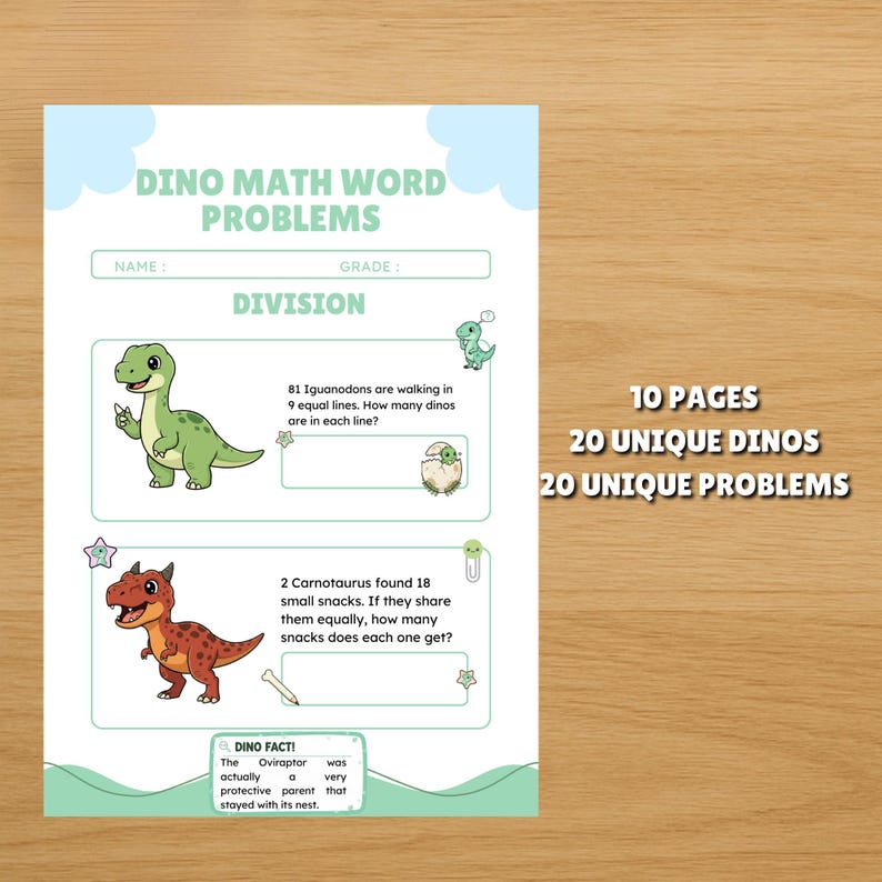 3rd Grade Division Word Problems Printable - Dinosaur Math Worksheets ...