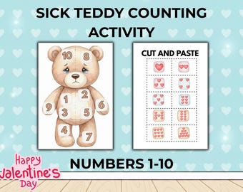 Sick Teddy Counting Printable Activity, Preschool Math Center,Numbers 1-10 Cut and Paste, Toddler Learning Folder,Valentine’s Day Activity