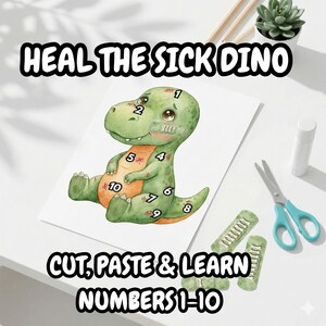 Afdrukbare telactiviteit zieke dino | Doctor Dramatisch stuk | Rekencentrum voor kleuters | Spel pleisternummers | Fijne motoriek (pdf)