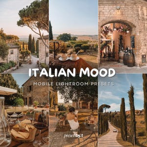 May include: A collage of images with an Italian theme, featuring scenic landscapes, food, and architecture. The text "ITALIAN MOOD" and "MOBILE LIGHTROOM PRESETS" are overlaid on the images. The images include coffee cups, wine glasses, and a person reading.