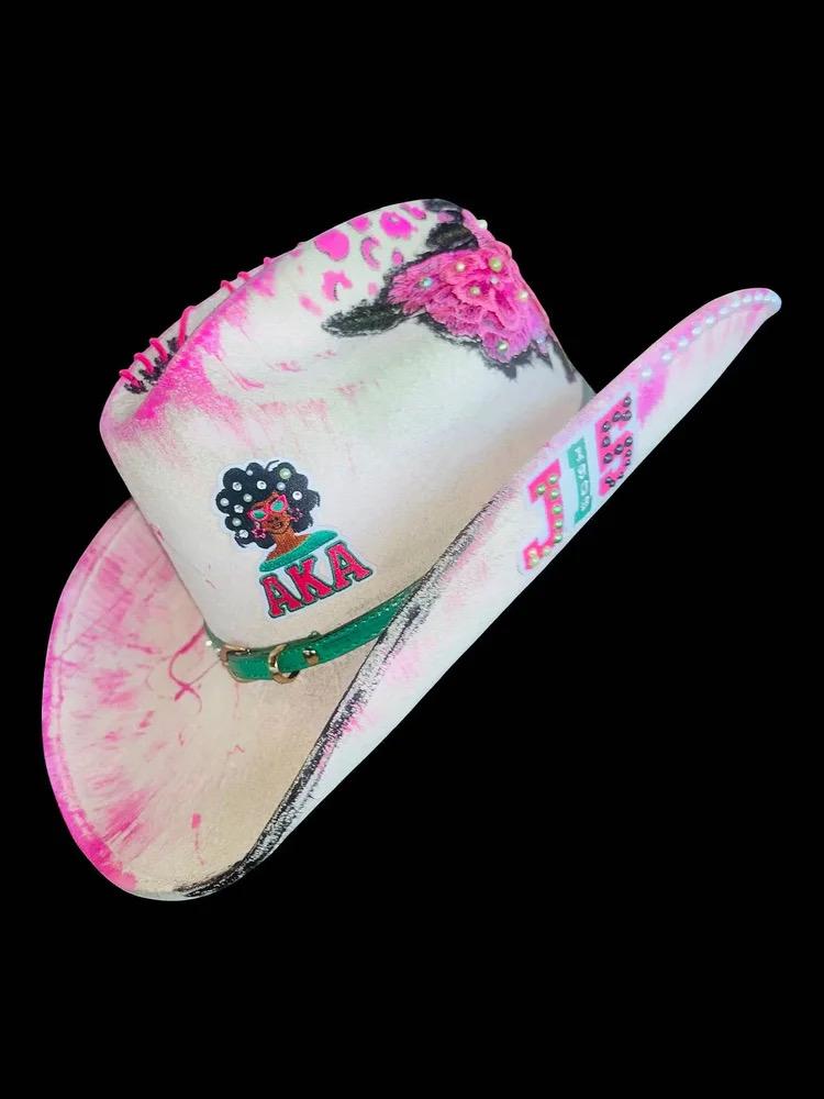 Alpha Kappa Alpha Hat | AKA Bling Cowboy Hat Pink & Green Line Dancing AKA Pink Rhinestone Cowboy Hat - Alpha Kappa Alpha Sorority  main image 2