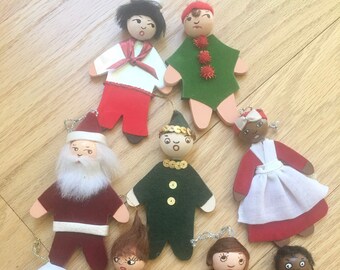 Vintage Set Nine Handmade Folk Art Wooden Christmas Ornaments, Hand Painted Santa Claus, Elf, Pierrot